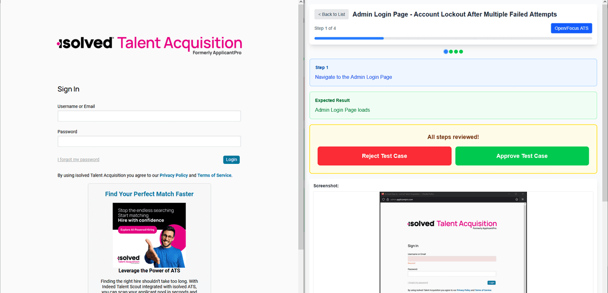 Visual Test Validator — split screen view