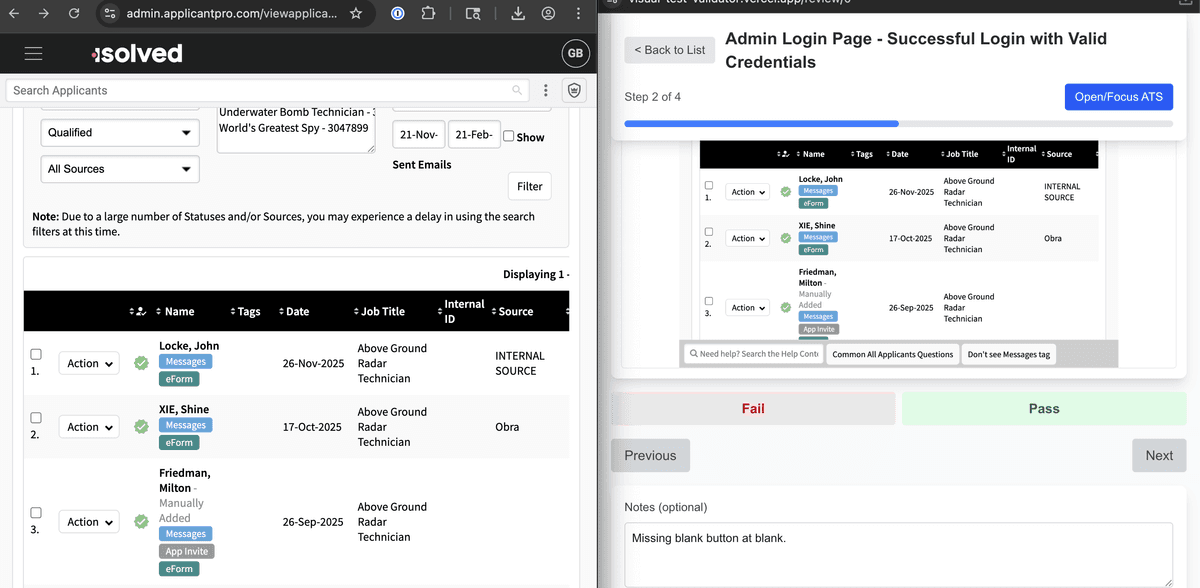 Visual Test Validator — export view